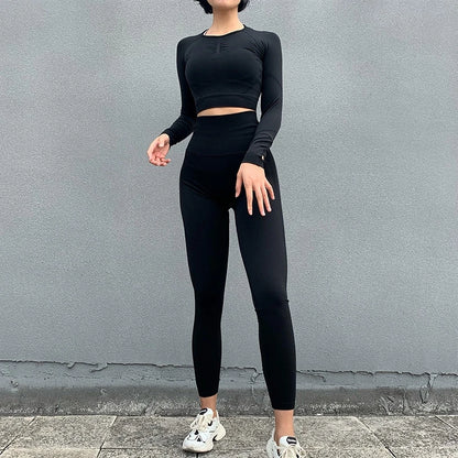 2pcs Women Seamless Yoga Set Workout Clothes Long Sleeve Gym Crop Top High